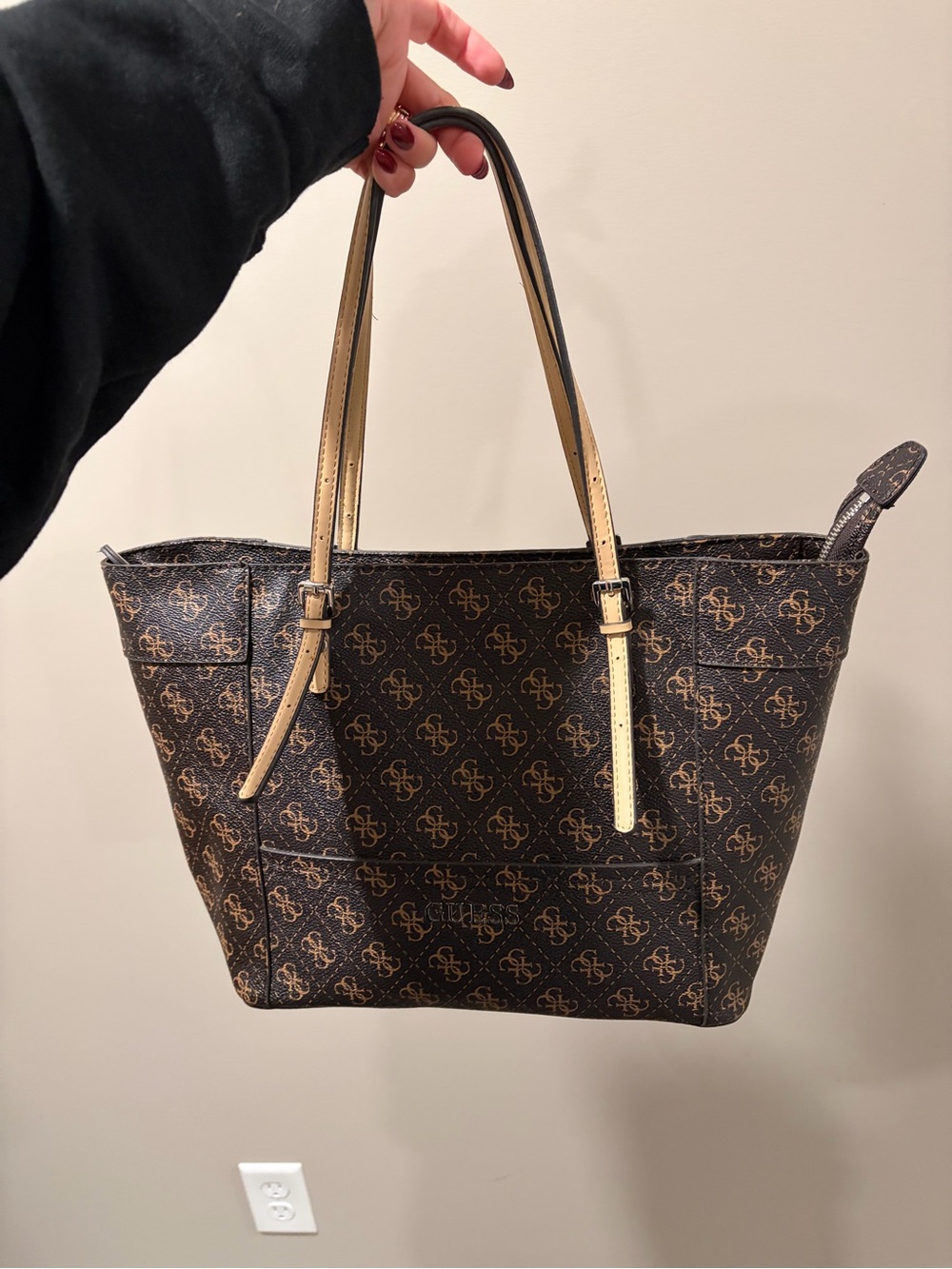 GUESS Brown Monogram Tote with Tan Handles